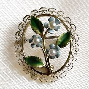 Vintage Krementz Gold Filled Forget Me Not Flower Filigree Brooch Pin Pearl Oval